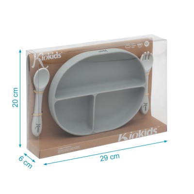 Kiokids Piatto Porzionato con Posate - Silicone Grigio  Questo vassoio a 3 scomparti è progettato per promuovere un'esperienz