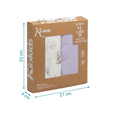 Kiokids Mussola in Bambù 2pz - Lavanda/Bianco