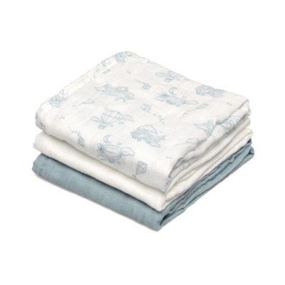 Set di 3 Mussole Blu e Bianche con Stampa Aerei 70x70 cm