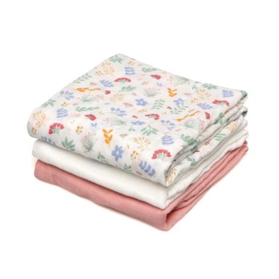 Set di 3 Mussole Rosa e Bianche con Stampa a Fiorellini 70x70 cm