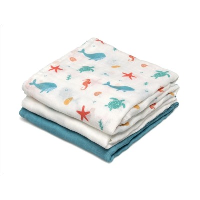 Set di 3 Mussole Kiokids con Stampa Marina 70x70 cm