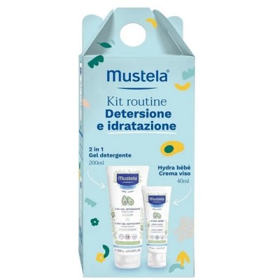 Mustela Kit Routine Detergente Idratante: Gel Detergente 2 in 1 200 ml e Hydra Bébé Crema Viso 40 ml