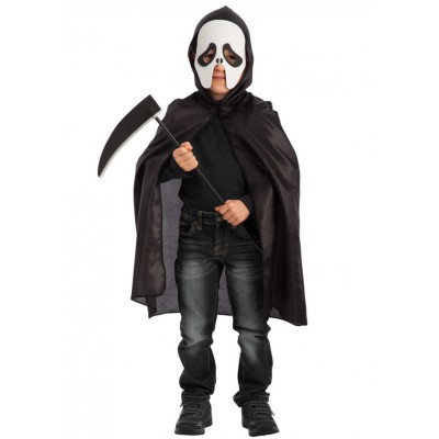Set Costume Fantasma Nero per Bambini - Mantello, Maschera e Falce